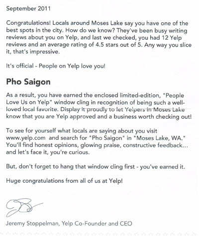 Yelp Letter